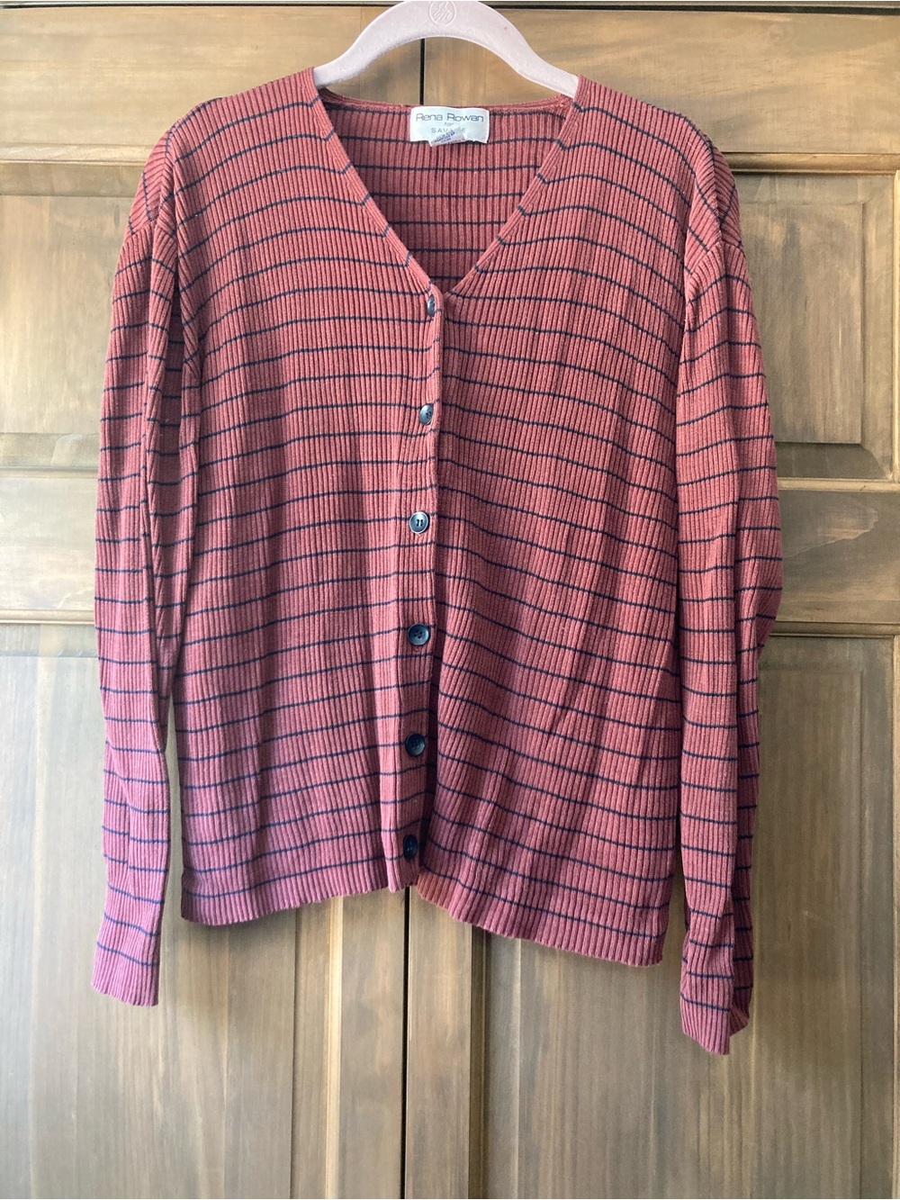 Rena Rowan Dark Red & Striped Silk Button-up Cardigan Large